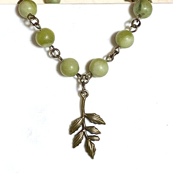 Natural Fern Green Serpentine Necklace, Bronze Leaf Branch + Genuine Gemstone - Picture 5 of 13